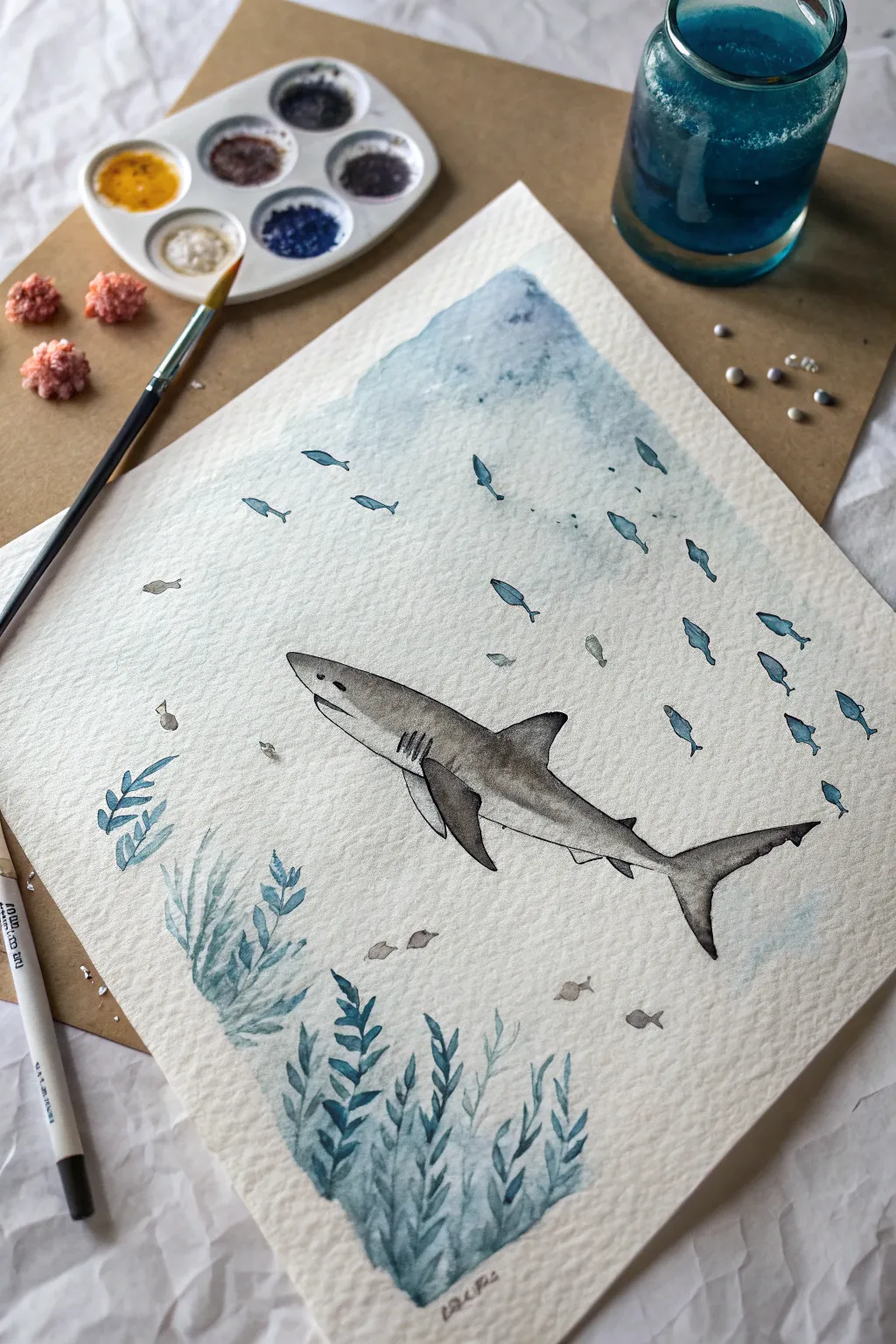 Minimalist boho watercolor: a bold shark gliding after a tiny school of fish in clean contrast.