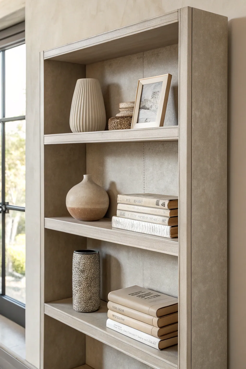 Velvety matte-painted shelves styled simply for a modern Scandinavian boho look
