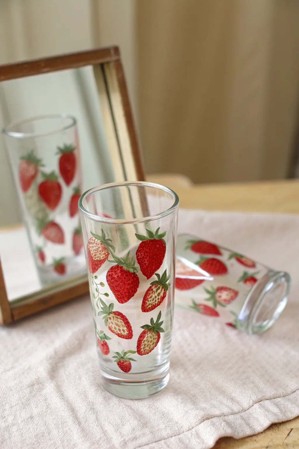 Tiny strawberry wraparound shot glass with delicate leaves, minimalist boho styling and crisp contrast