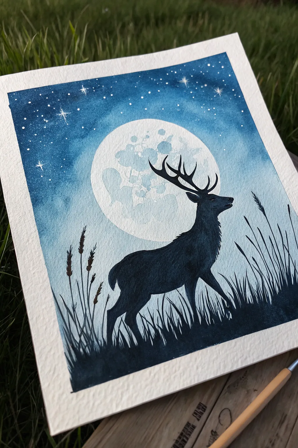 Simple deer silhouette under a glowing full moon, a calm minimalist night painting idea.