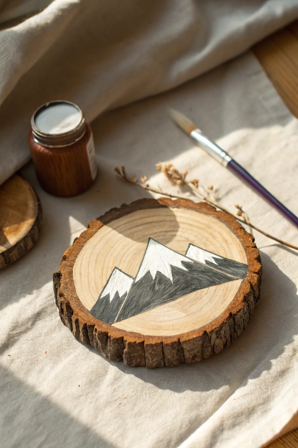Transform natural wood slices into functional art with these simple mountain motifs.