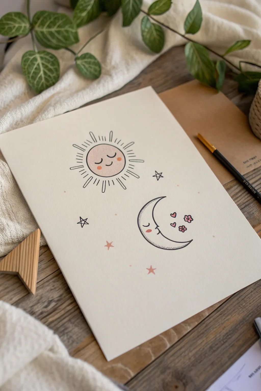 Simple sun and crescent moon best friends, sweet smiles and stars in a cozy minimalist style.