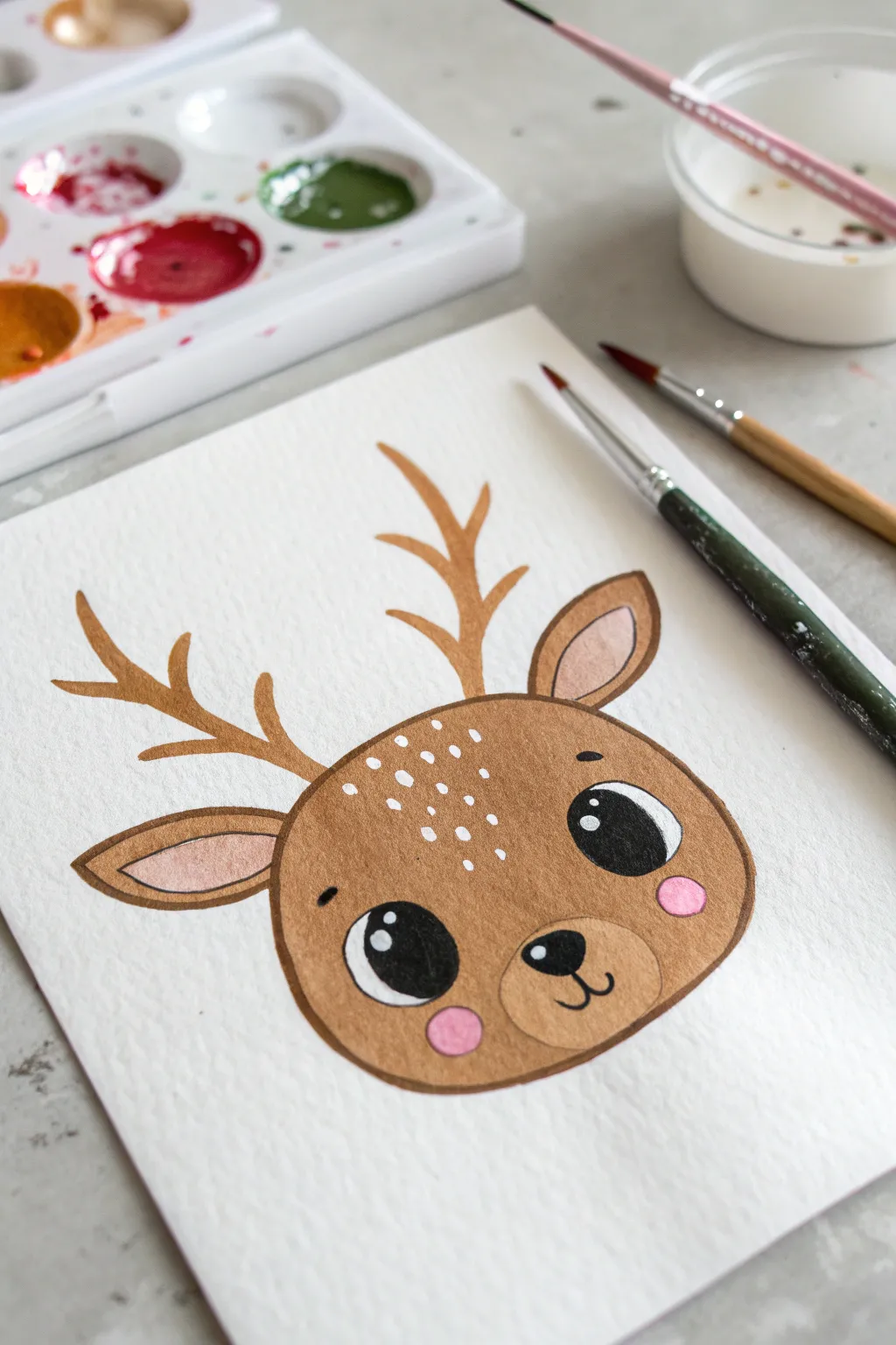 Beginner-friendly reindeer face with big eyes, minimal antlers, and cozy Scandinavian style