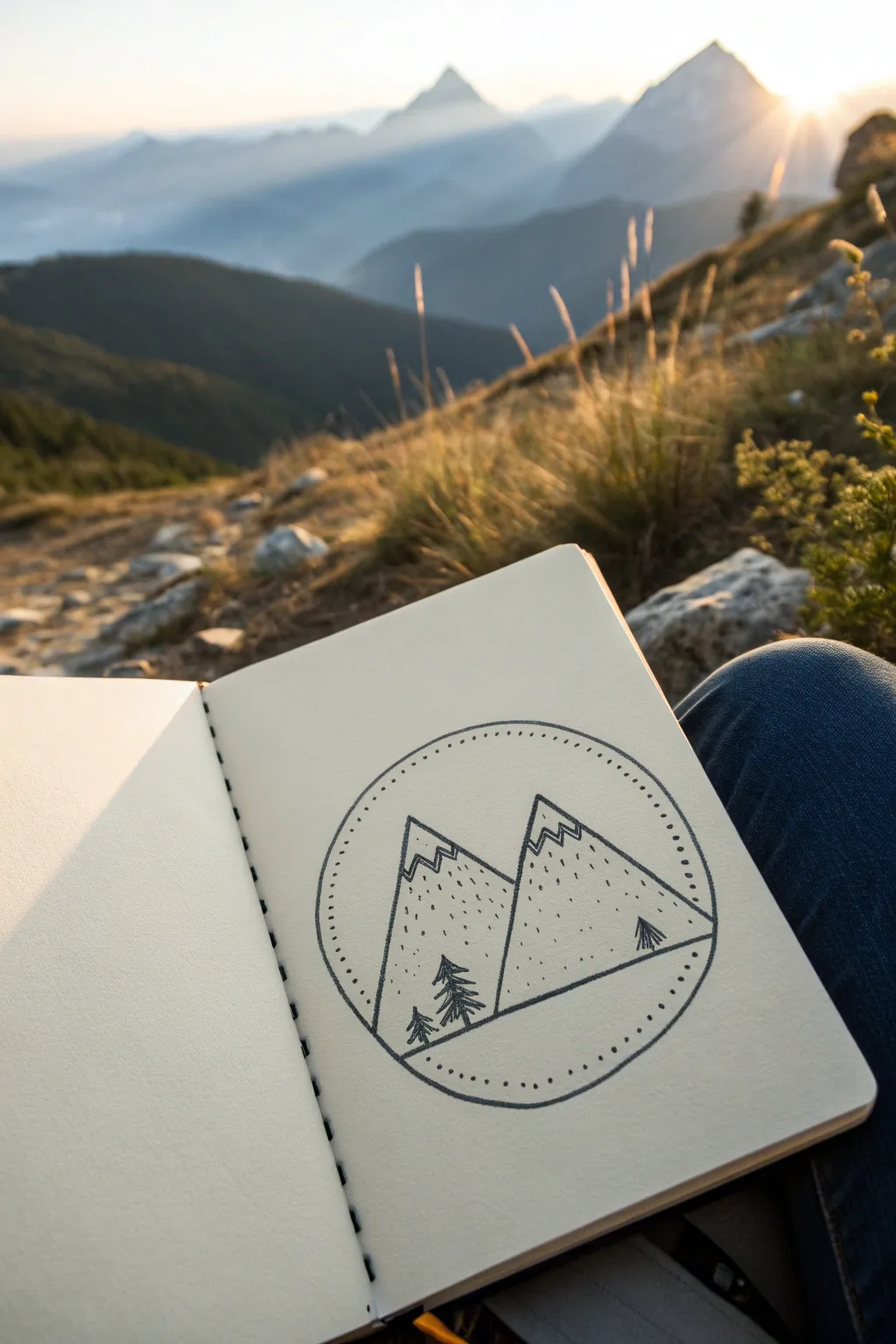 Minimal mountain circle sketch with stippling, calm Scandinavian lines for easy drawing practice.