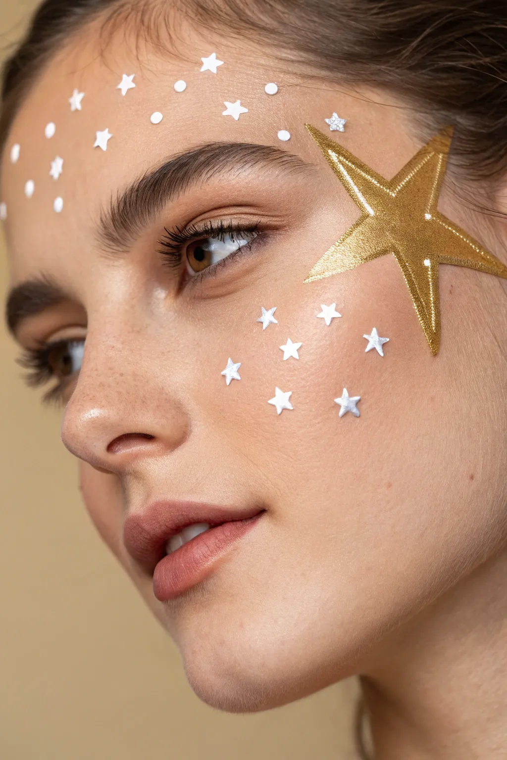 Sparkly starburst face paint around one eye with white highlight dots, simple and chic.