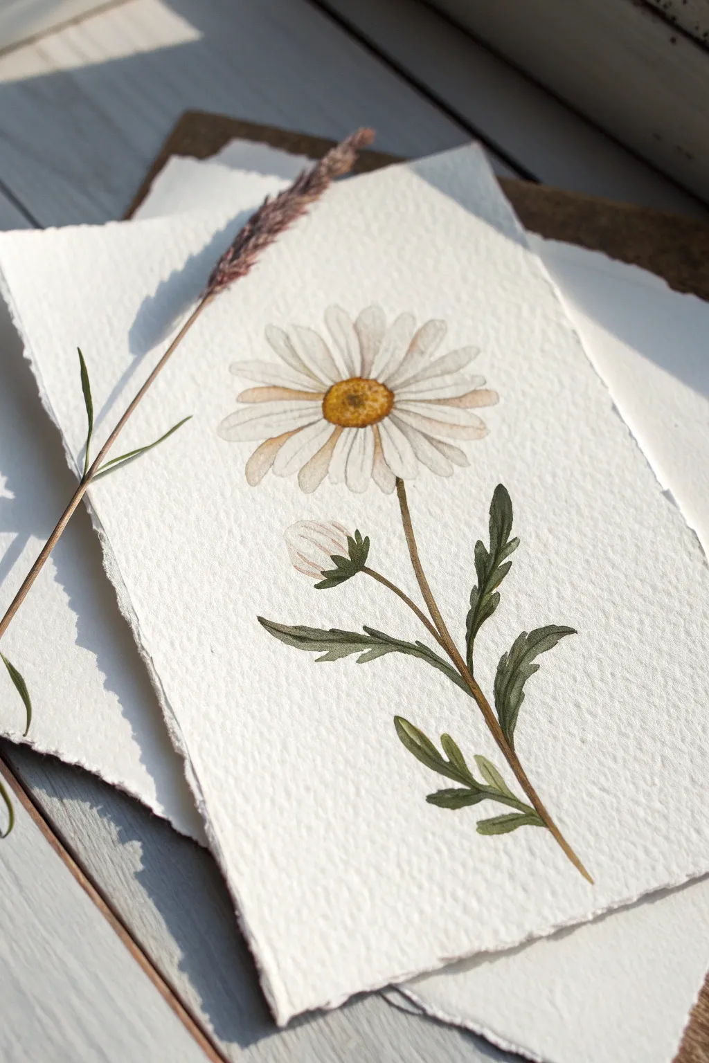 Paint a simple daisy with oval petals and clean curved strokes, minimalist and calming.