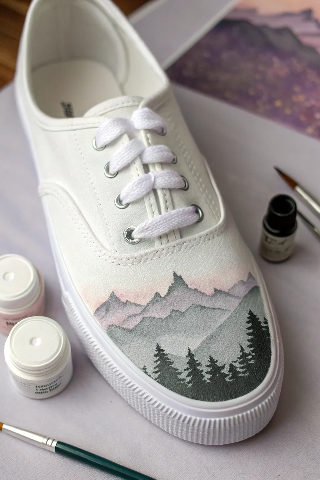Minimal mountain band + soft gradient sky wash for a clean, modern sneaker makeover