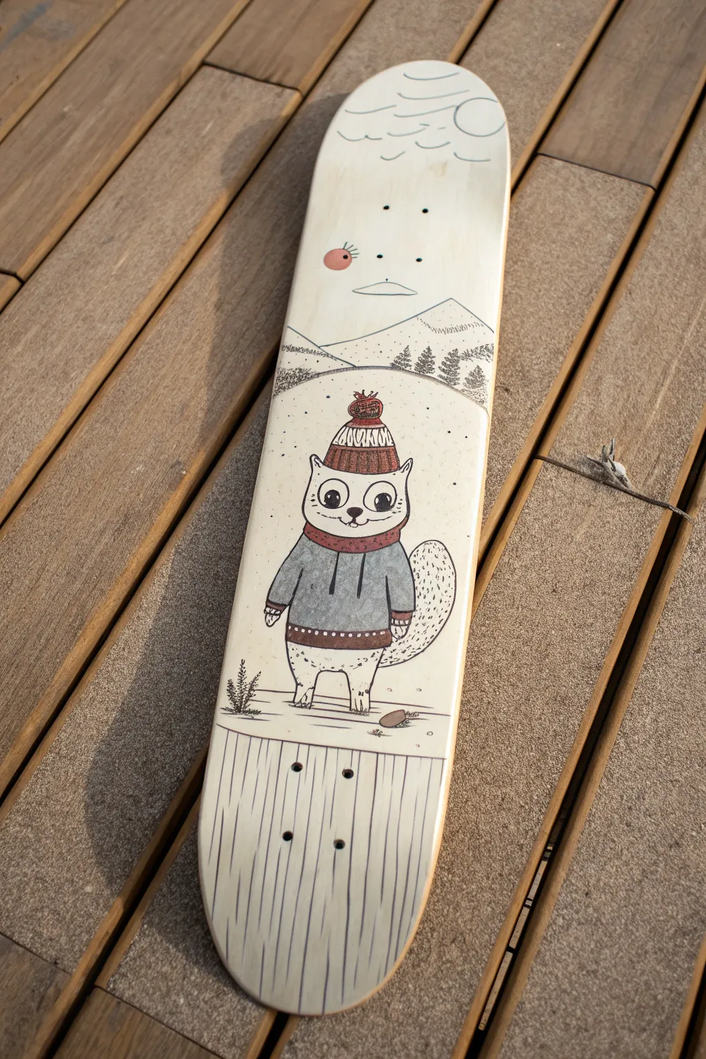 Paint a tiny storybook animal on a minimalist deck for sweet Scandinavian-boho vibes.