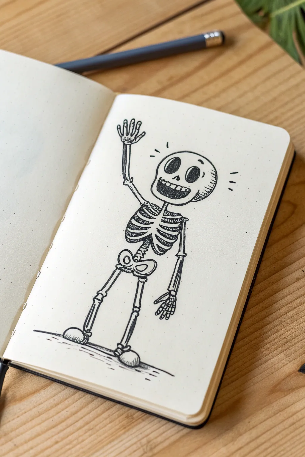 Goofy waving skeleton doodle in crisp black ink, a friendly minimalist sketch idea for beginners.
