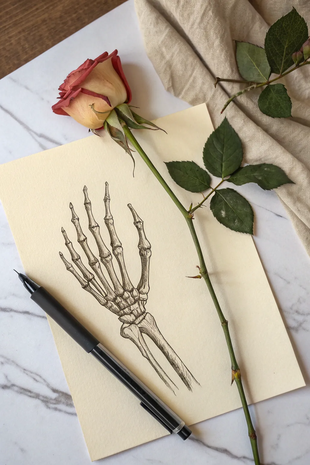 Moody skeleton hand gently pinching a rose stem, minimalist lines with sculptural shadows.