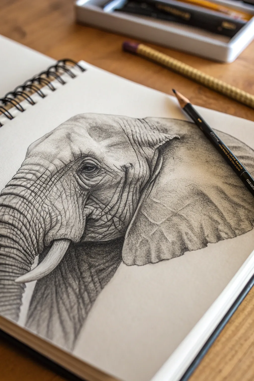 Practice elephant skin wrinkles with soft graphite shading and deep crease shadows.