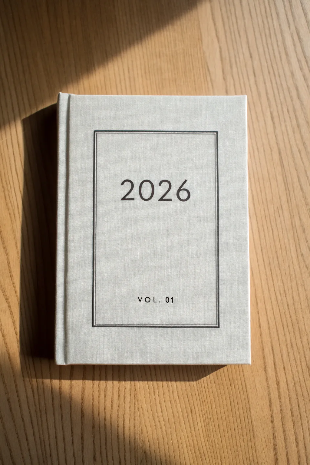 Minimal year and volume label sketchbook cover, calm Scandinavian lines with boho texture