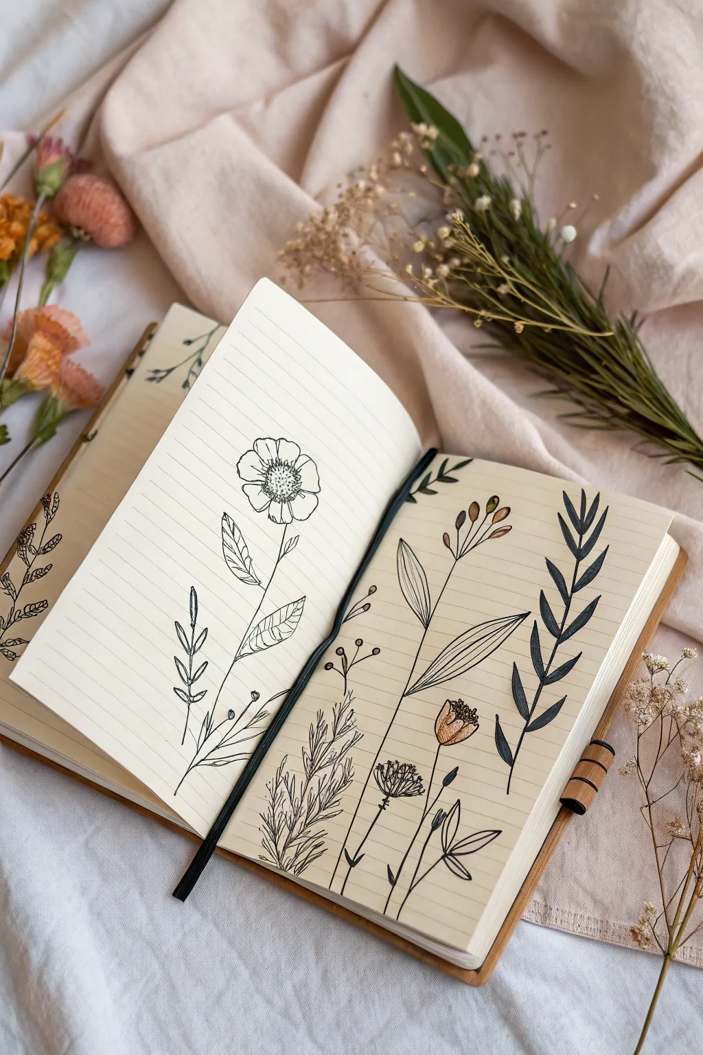 Ink and wash linework in an open sketchbook, bold black lines on soft watercolor blooms