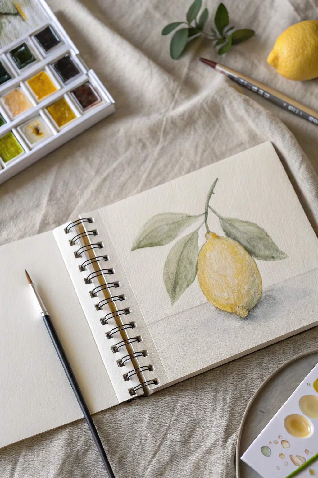 One-object kitchen sketch: painted lemon, quick shadow wash, and small swatches in the margin.