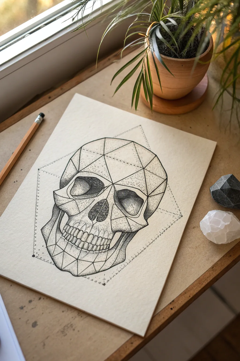 Symmetrical geometric skull sketch in minimal Scandi boho style, crisp lines and contrast
