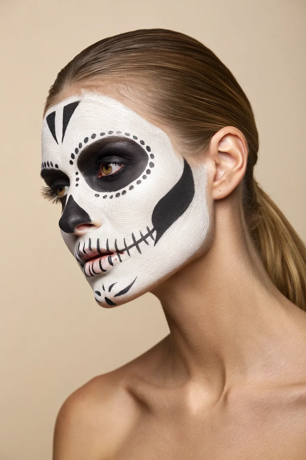 Glam skull face paint with razor-sharp socket liner and crisp teeth lines, polished and editorial