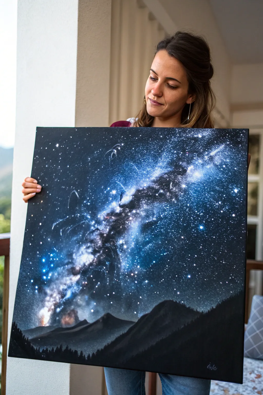 Paint a bold Milky Way arc with misty glow, star clusters, and a clean black silhouette base.