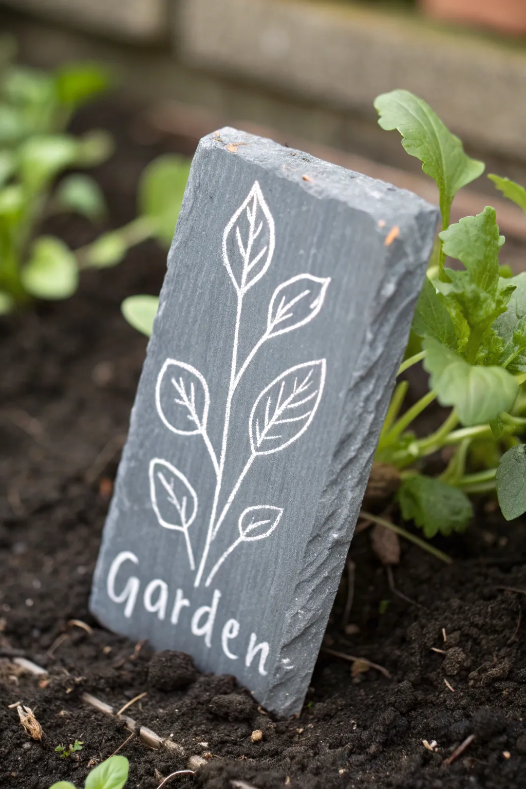 Minimal hand-painted slate garden label in soil, a chic DIY plaque for outdoor herb beds