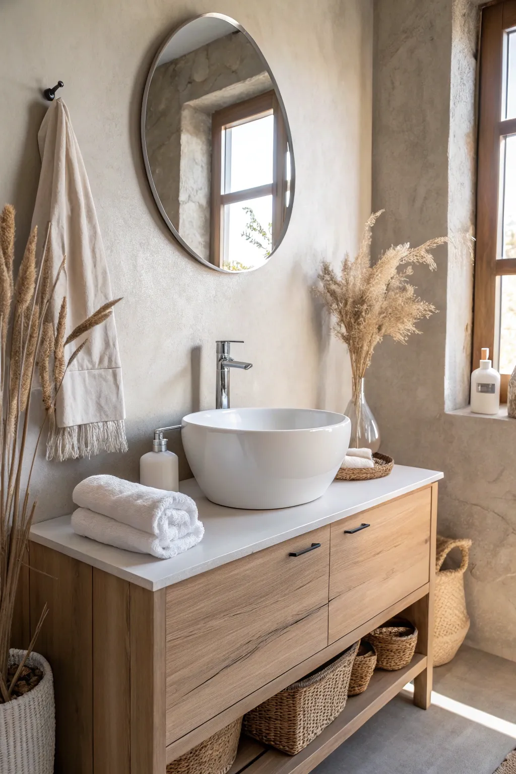Light taupe walls + crisp white sink create a cozy neutral bathroom palette with calm warmth.