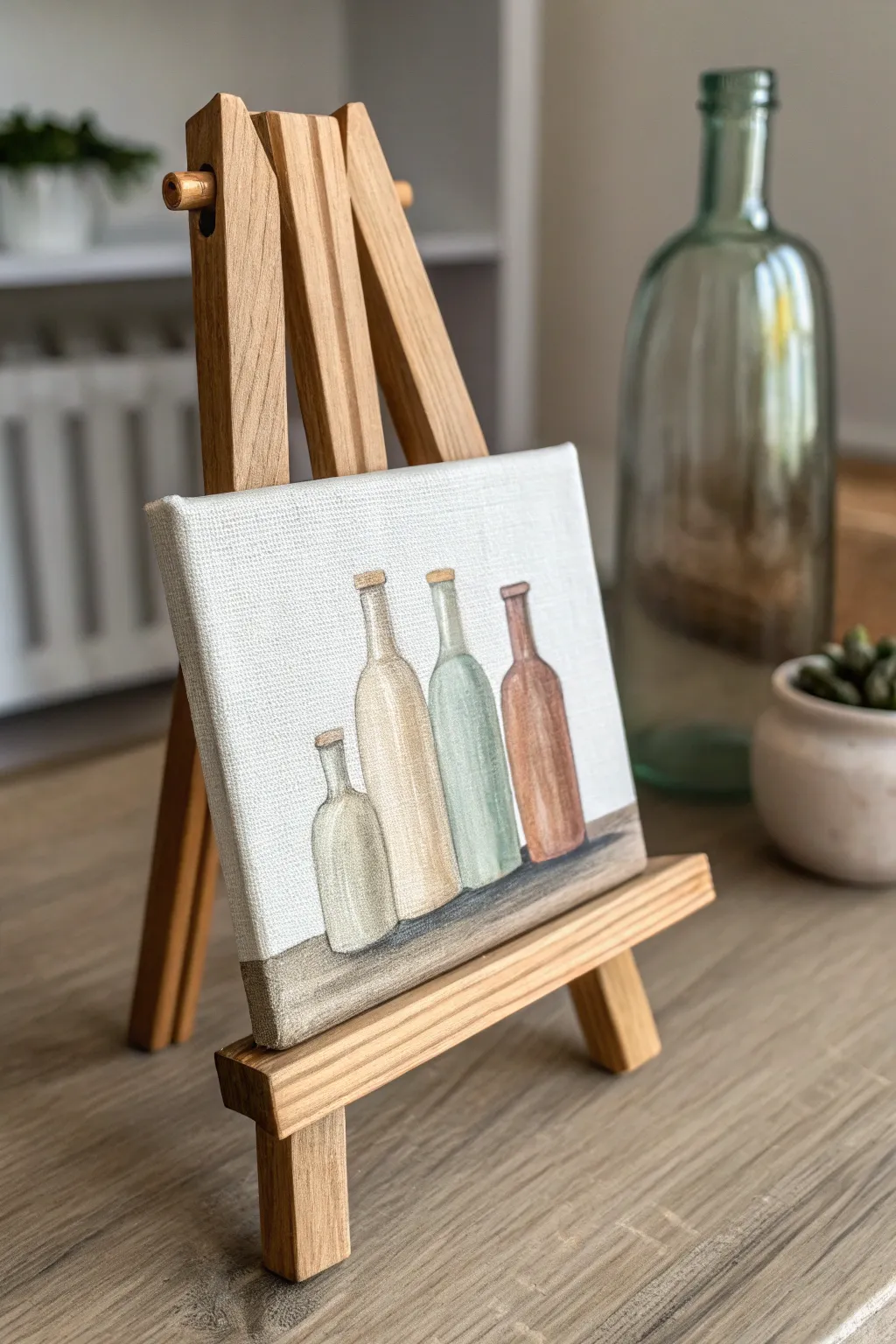 Easy small oil painting idea: three simple bottles in calm neutrals, minimalist Scandinavian boho