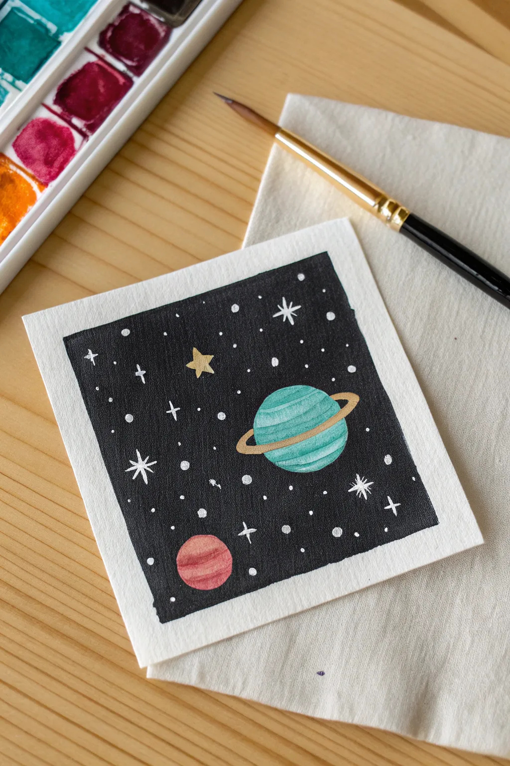 Mini planets and stars on tiny paper, shown next to a brush handle for small painting ideas