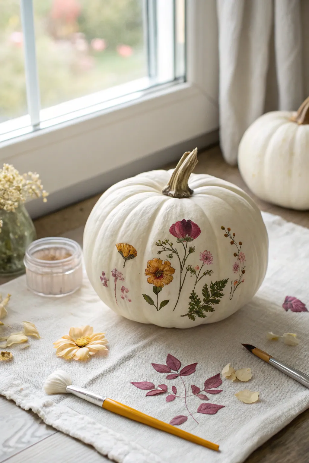 Pressed-flower mini pumpkin collage in airy boho neutrals, simple and handmade for fall styling.