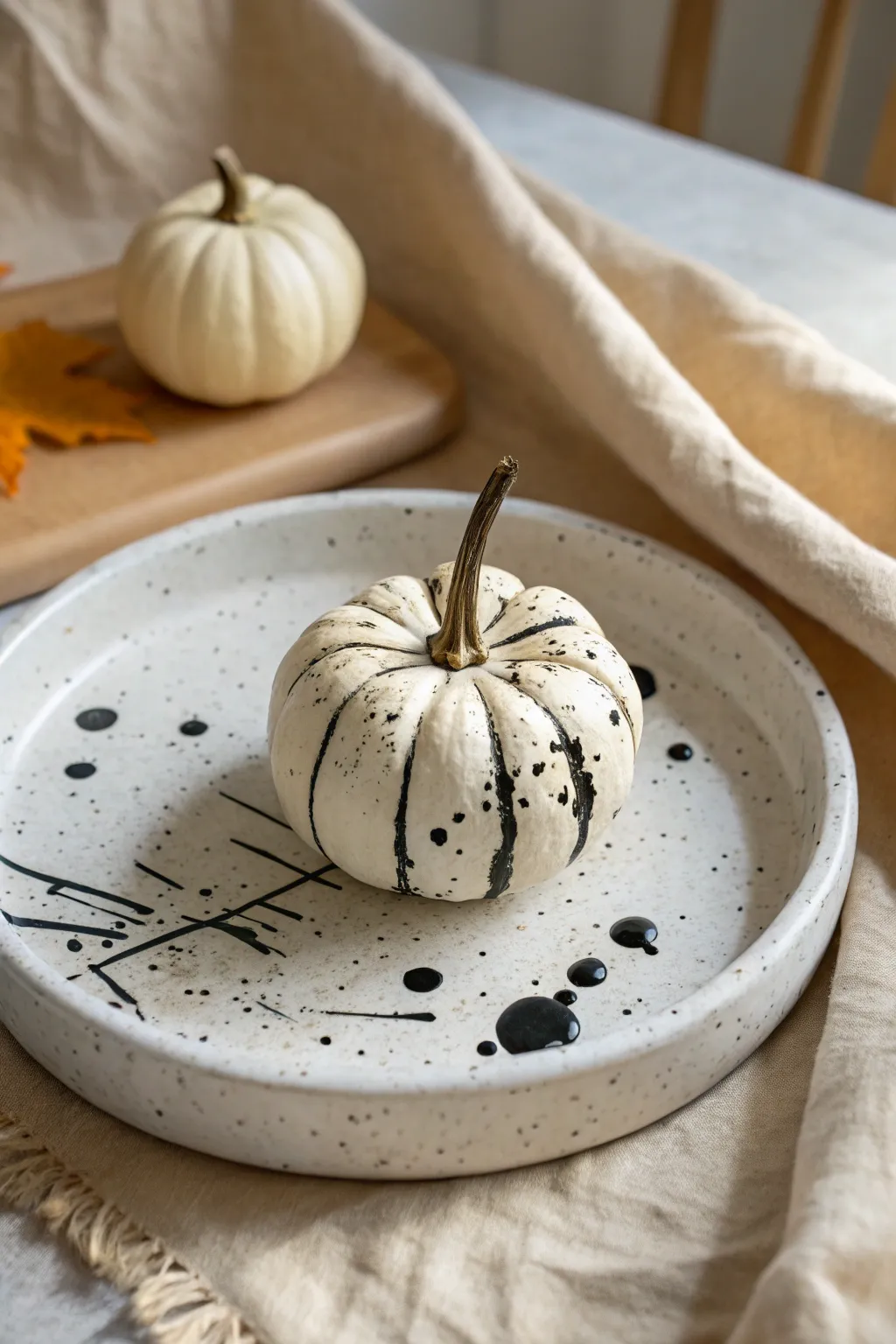 Small white pumpkin with chic black splatter accents on a minimal tray, Scandinavian boho style