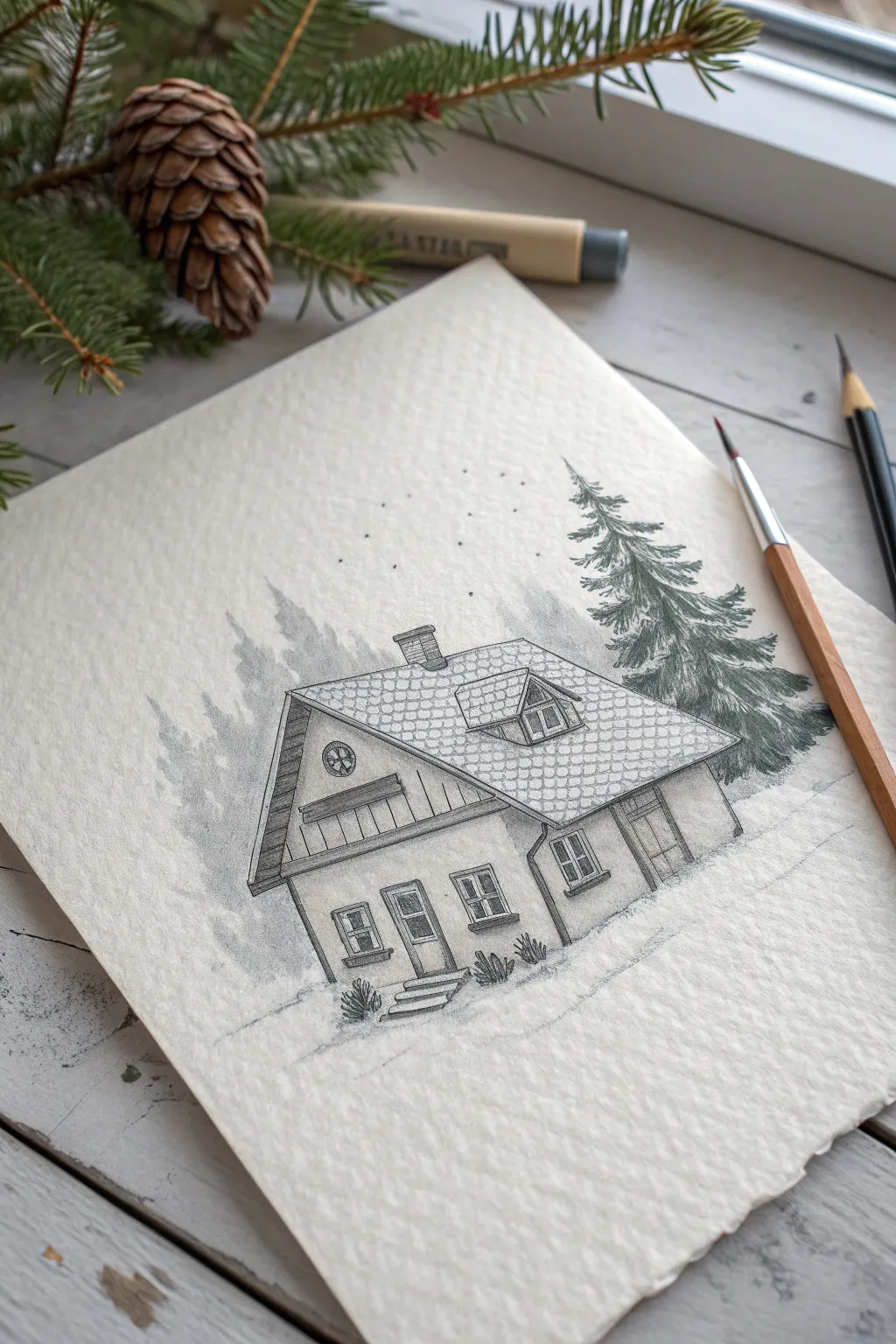 Minimalist snow-rooftop village sketch with thick snow caps, chimneys, and bold winter shadows