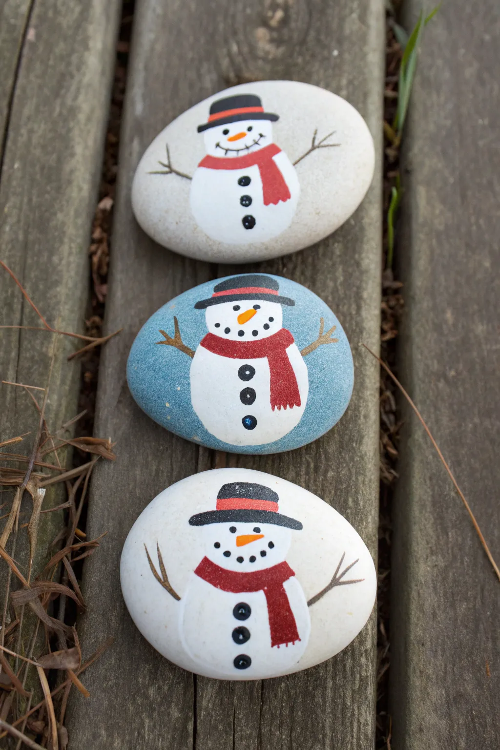 Build a snowman rock set: three minimalist stones with mix and match hats, scarves, buttons.