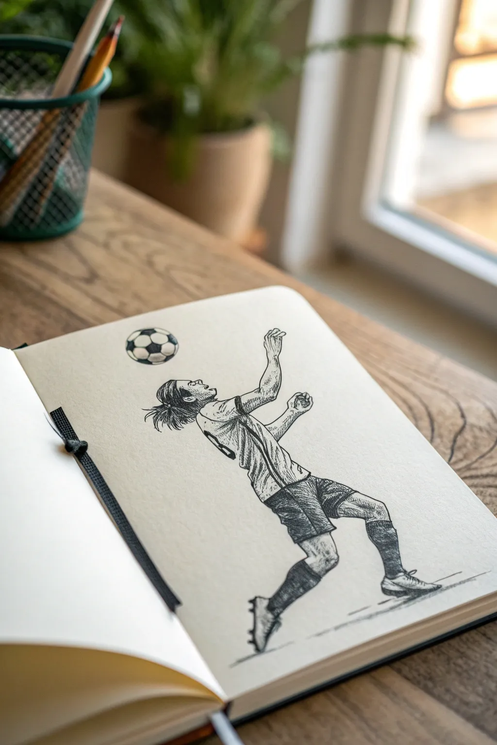 Scandinavian minimalist soccer header drawing idea, ball in the air, crisp contrast, handmade feel