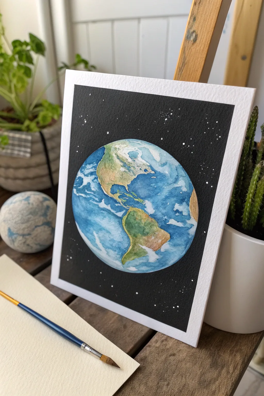 Paint a glowing Earth with airy clouds and a soft halo, ideal for minimalist solar system art.