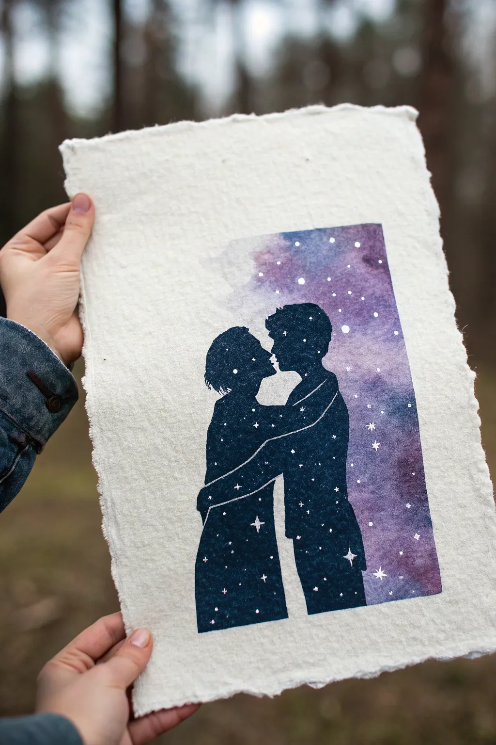 Two galaxy-filled silhouettes in a gentle embrace, their stars blending into one shared cosmos