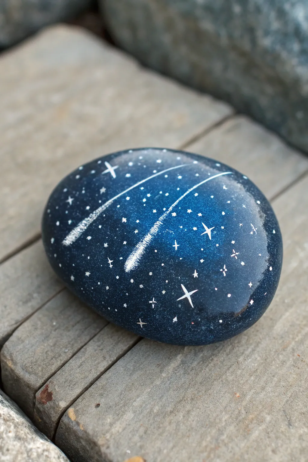 Minimalist galaxy rock with a bright shooting star and soft comet trails for easy painting.