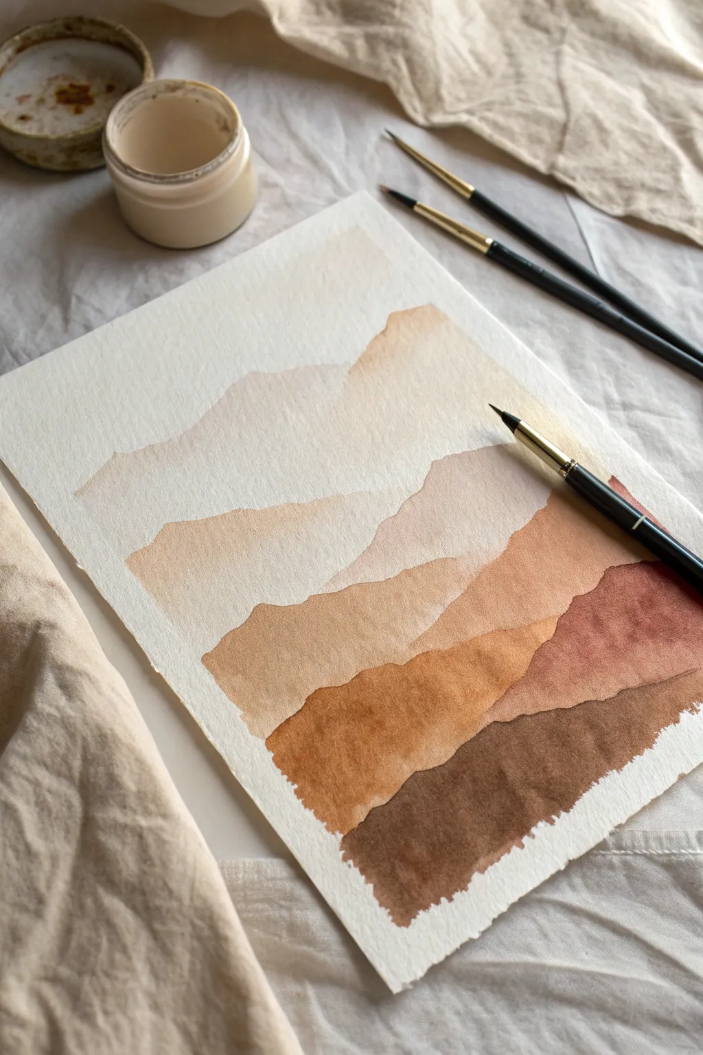 Layered spill stains with fine pen lines create minimalist depth like hills and clouds