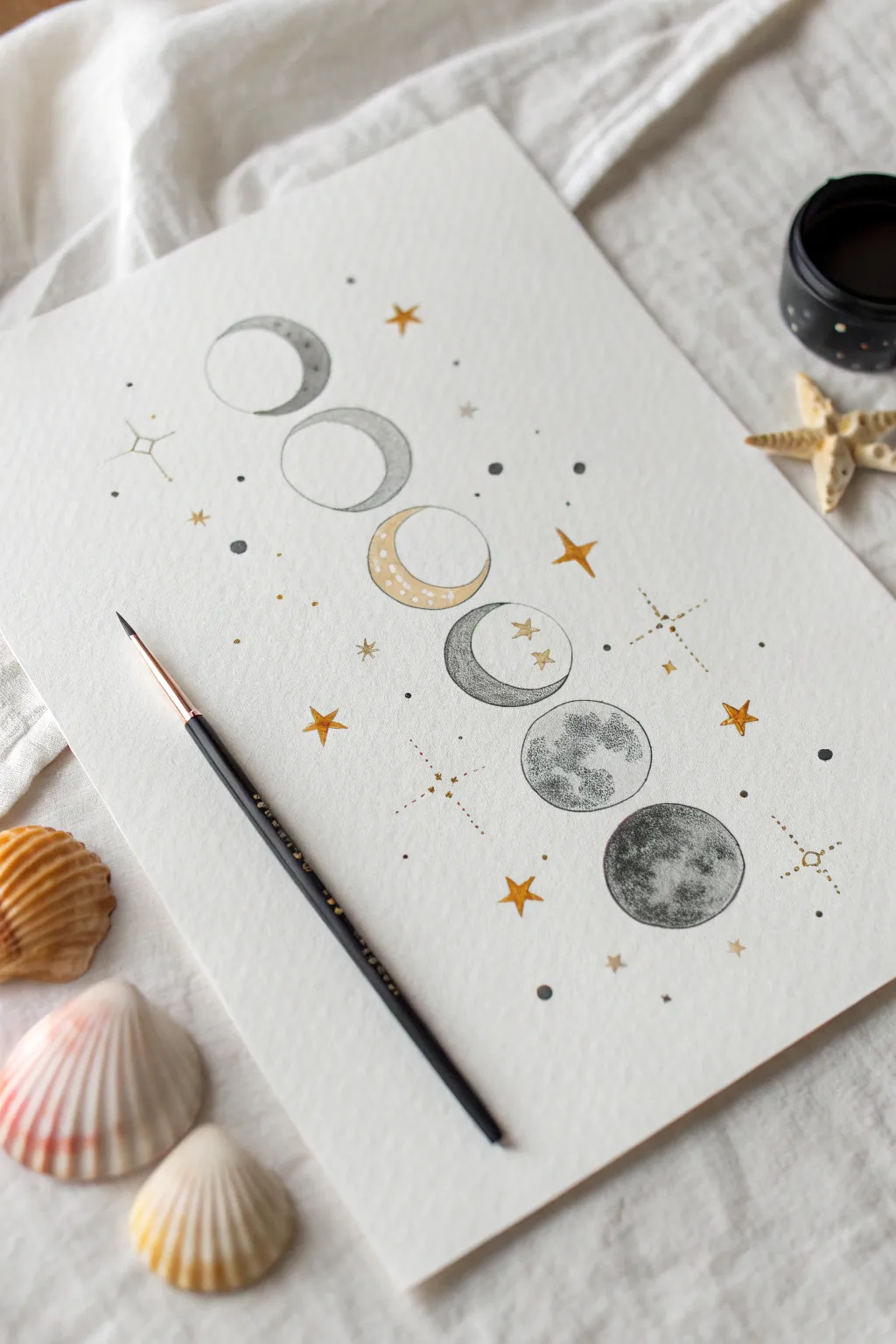 Minimal moon phases above a calm horizon, softly shaded for a quiet celestial mood