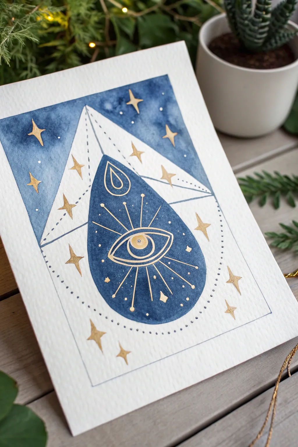 Minimal third-eye glow over a midnight star field, ink and watercolor for calm spiritual vibes