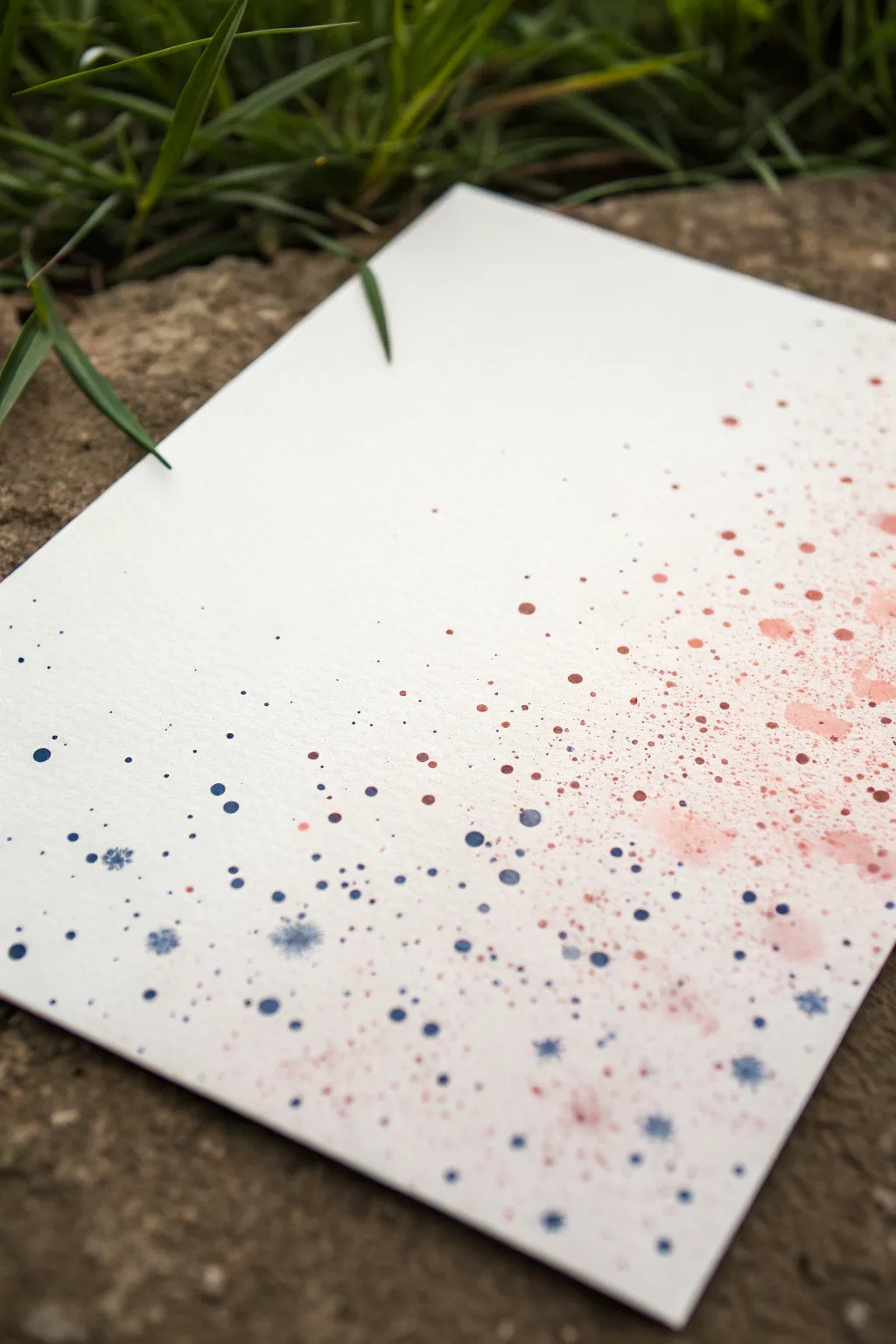 Corner-to-corner splatter ombre in blush, terracotta, and ink for a chic minimalist finish.