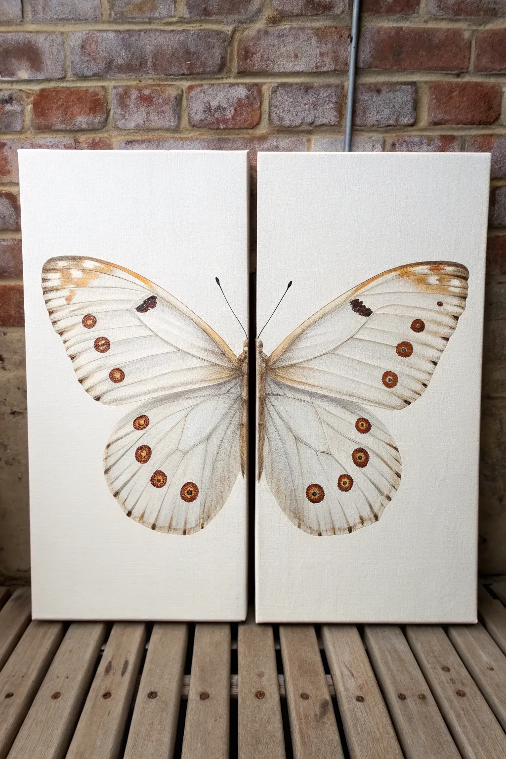 Minimalist diptych butterfly: wings split across two canvases with soft boho gradients