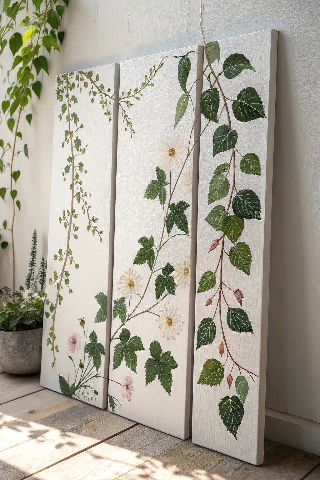 A vine bridges the split panels, turning the gaps into part of the botanical design