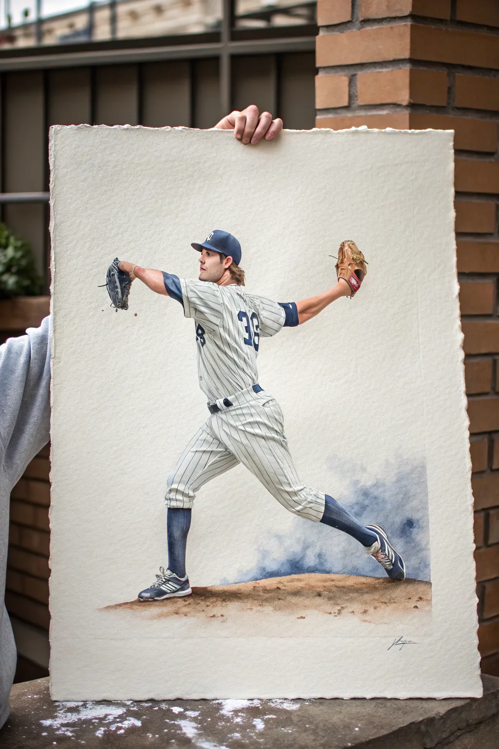 Minimalist baseball windup study with dusty mound detail, calm Nordic tones and contrast.