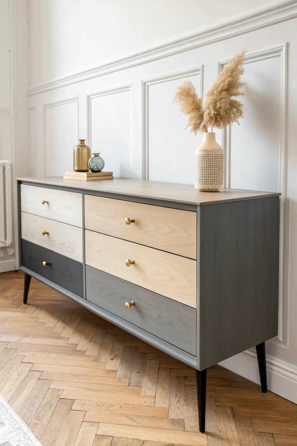 Ombre spray paint transforms a minimalist buffet into a calm Scandinavian boho focal point