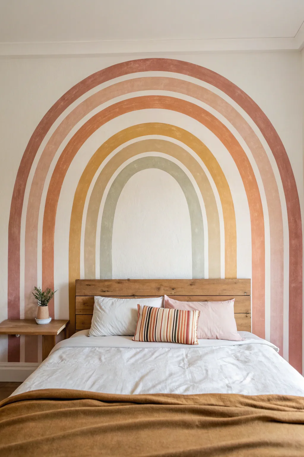 Muted spray painted rainbow arches create a modern boho statement above a simple bed.