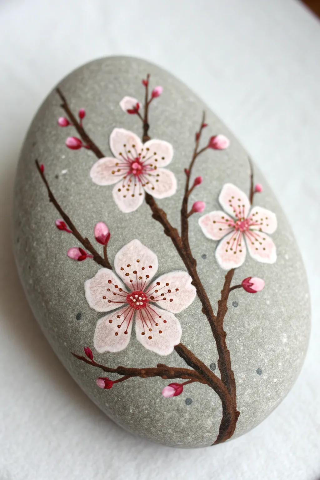 Cherry blossom dot blooms on a smooth stone, minimal and bright with crisp handmade texture