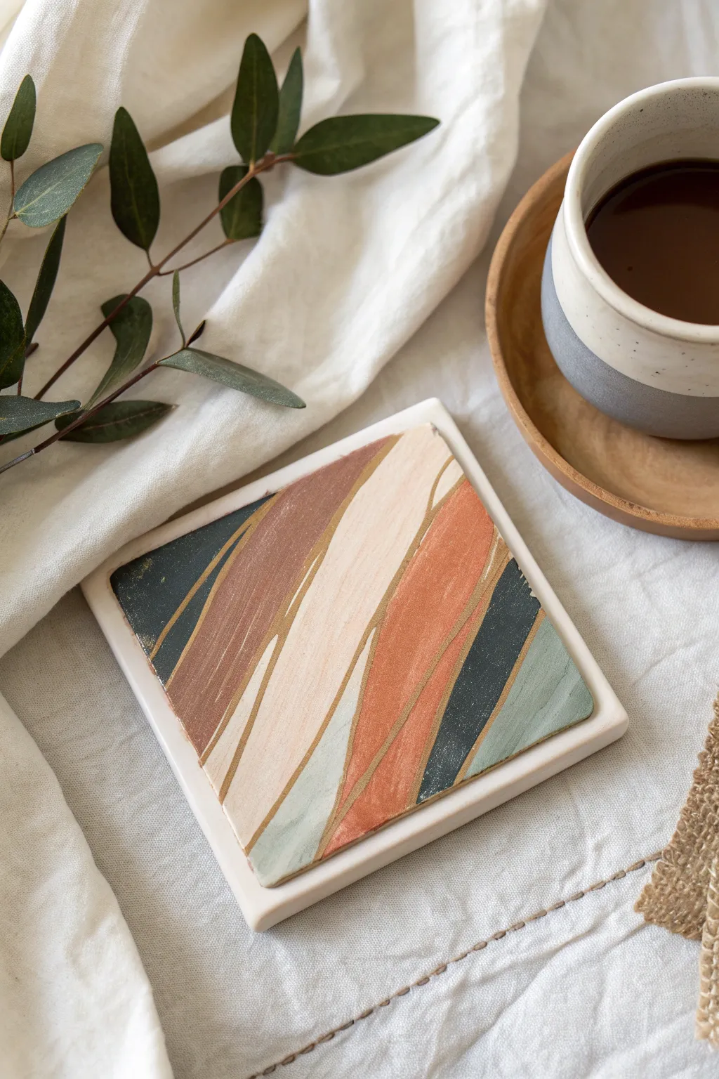 Modern abstract brushstroke swatches on a square coaster, minimal Scandinavian vibe with boho warmth.