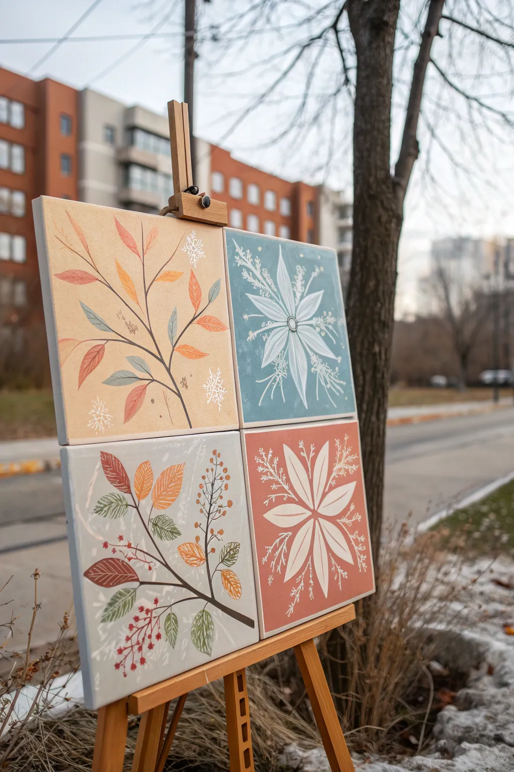 Four seasonal mini-palettes on one square canvas, simple motifs for a modern quadrant painting.