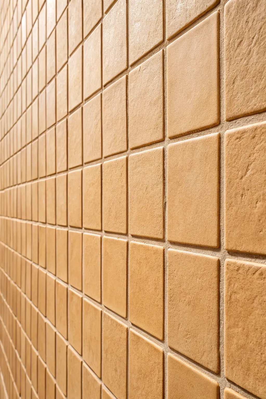 Matte and gloss squares alternate as grazing light reveals a calm, minimalist wall pattern.