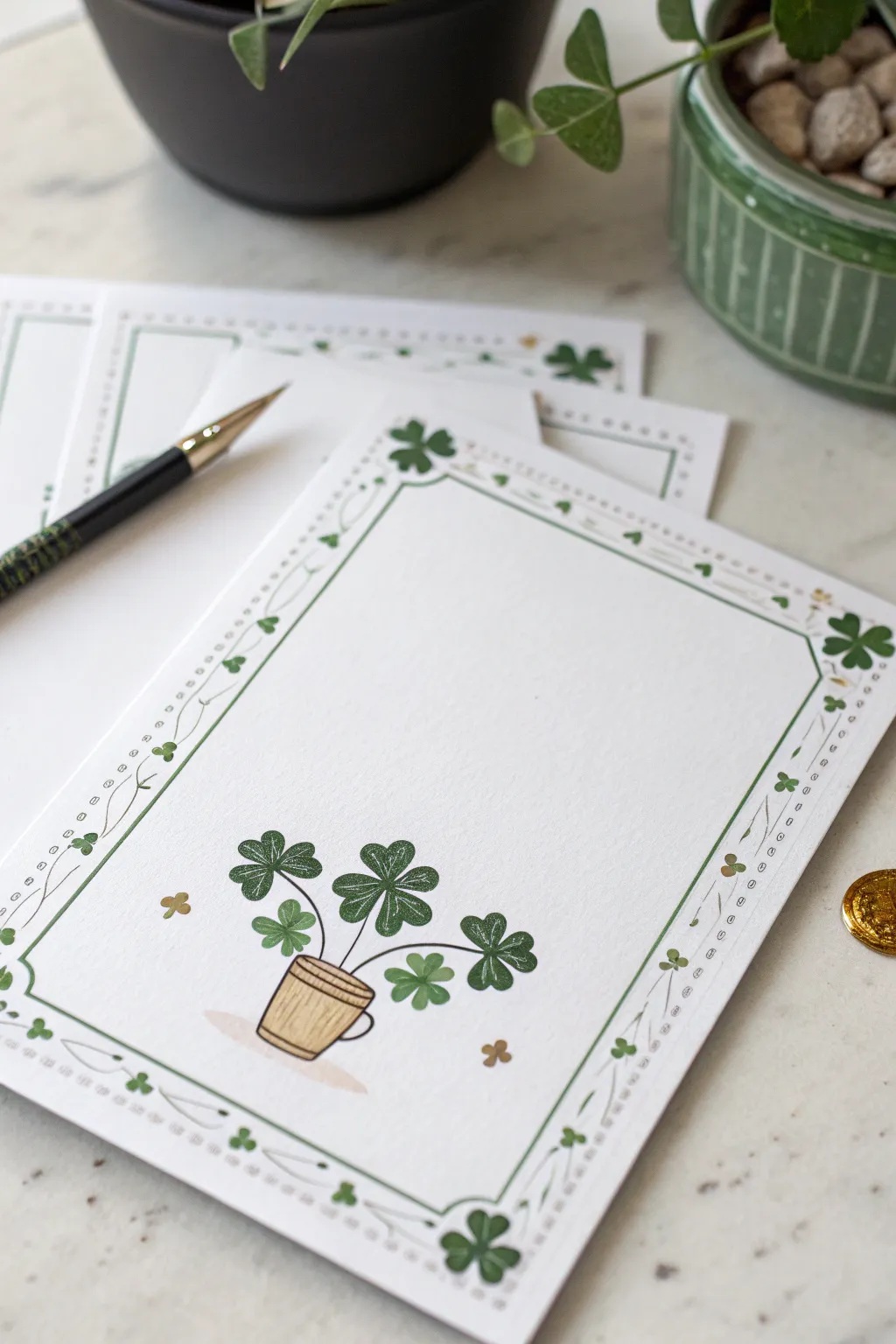 Minimal St Patrick Day card sketch with shamrock border and pot of gold, ready to copy