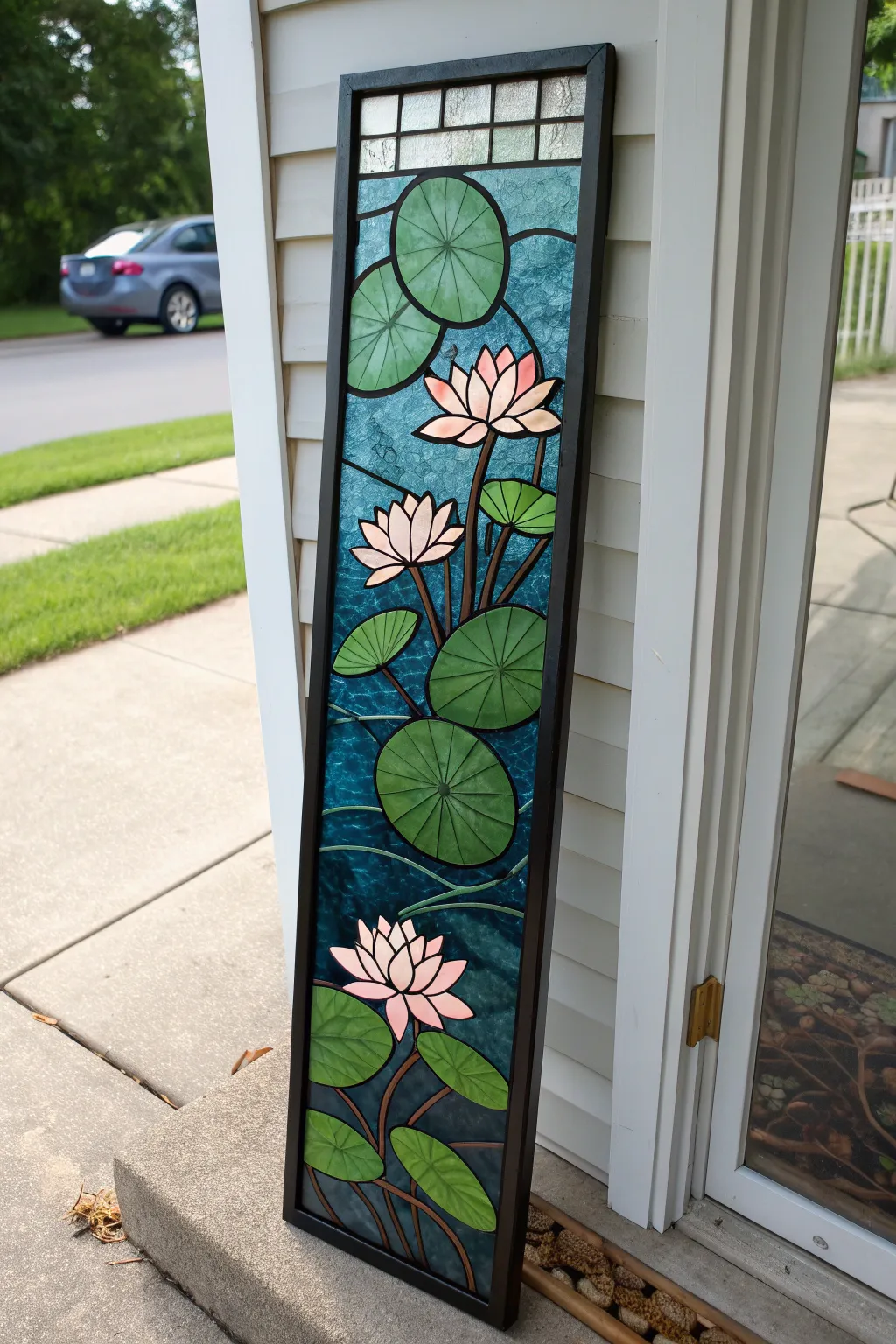 Water lilies in stained glass with bold black leading and calming greens and pond blues.