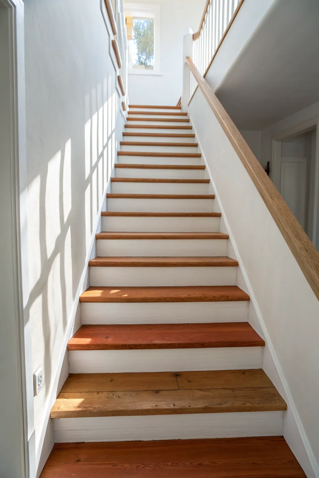 Alternating warm white and terracotta risers add a calm, rhythmic pattern to simple wooden steps