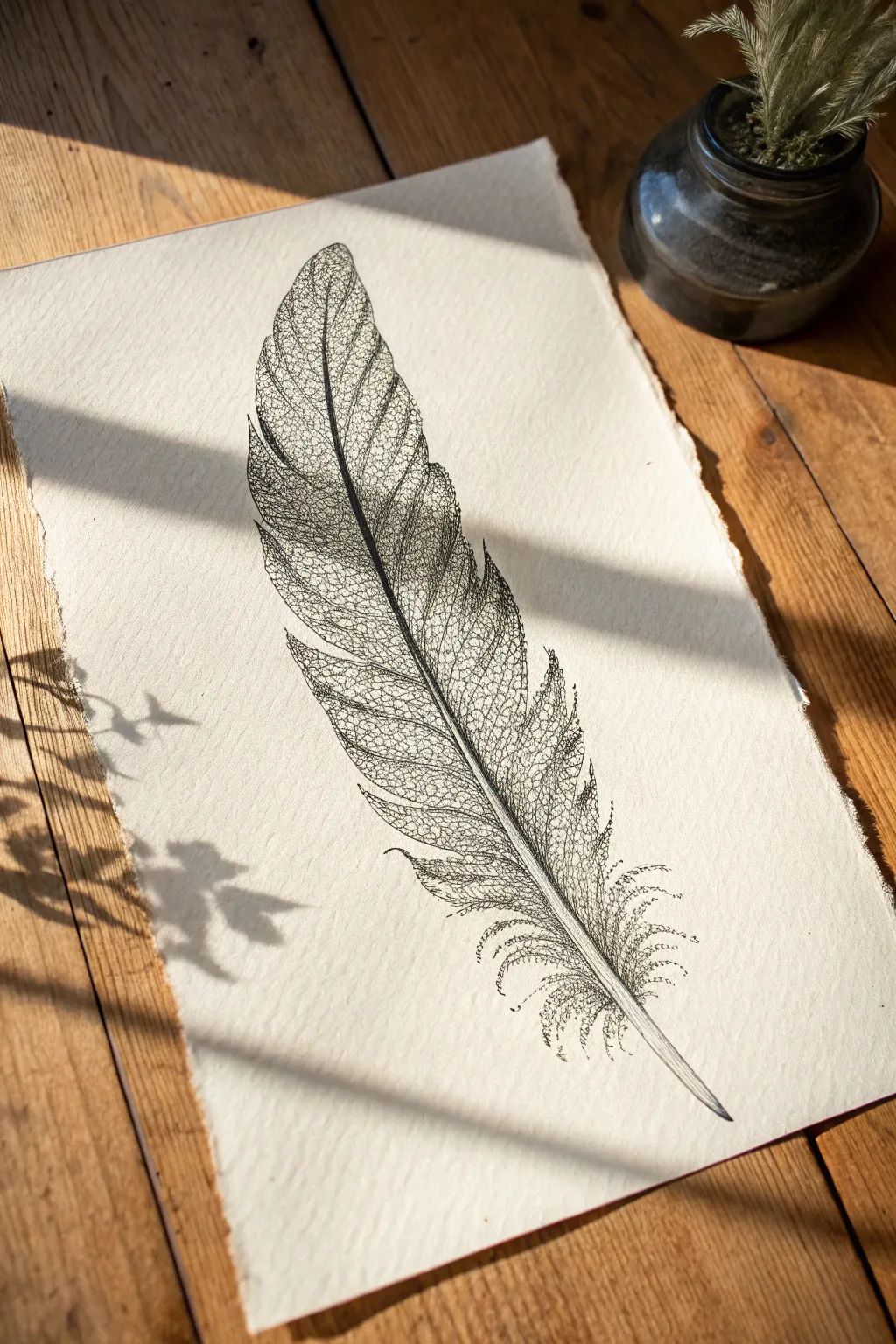 Stippled feather study with directional dot clusters, dense at the shaft and airy at the edges
